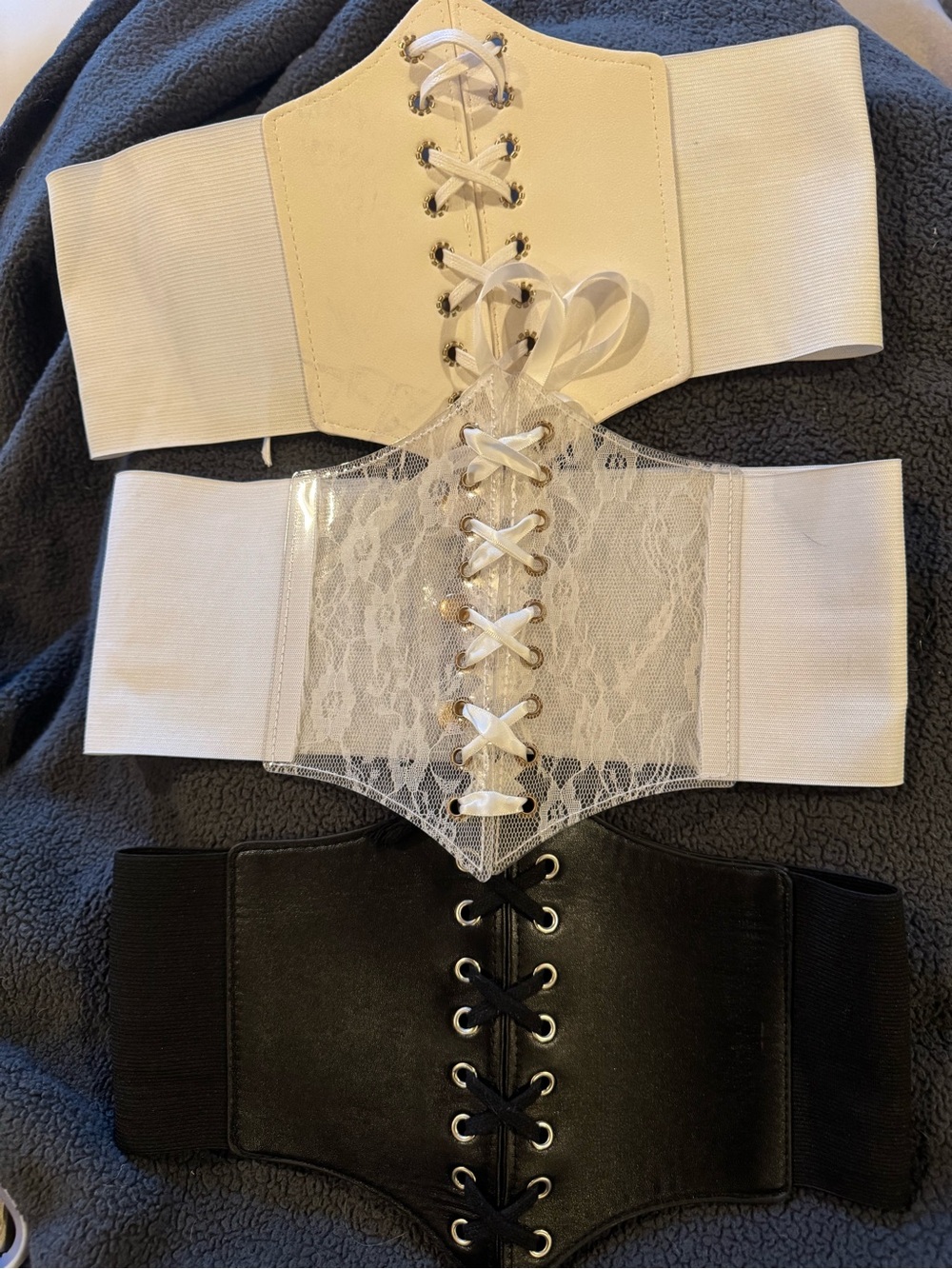 Lot of 3 Lace-Up Wide Waist Corset/Cincher Belt - White and Black Small